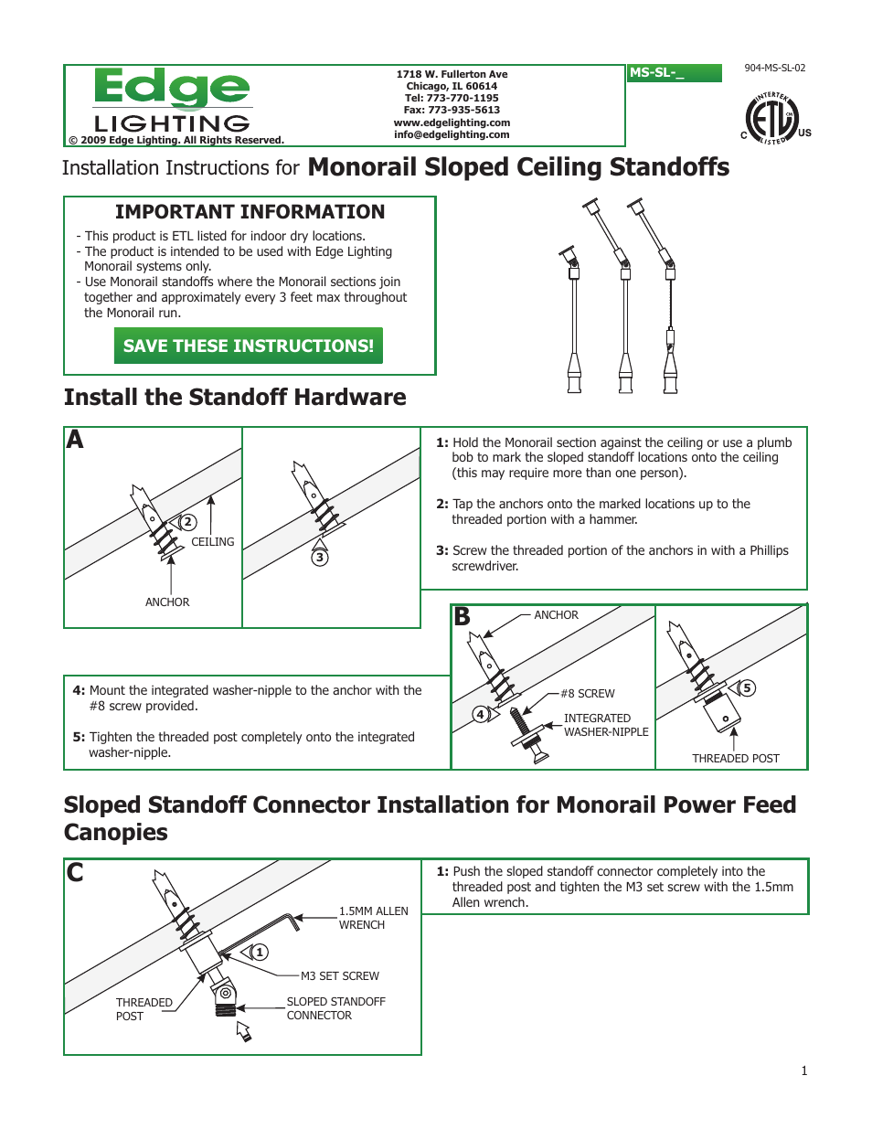 Edge Lighting Sloped Ceiling Standoffs User Manual | 4 pages