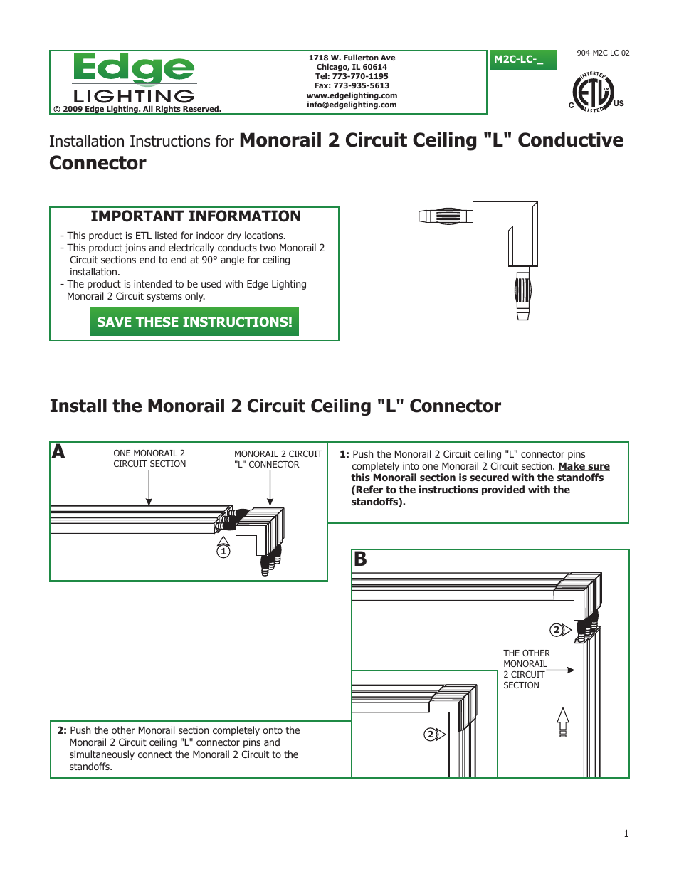 Edge Lighting 2 Circuit Angle Joining Connectors User Manual | 1 page
