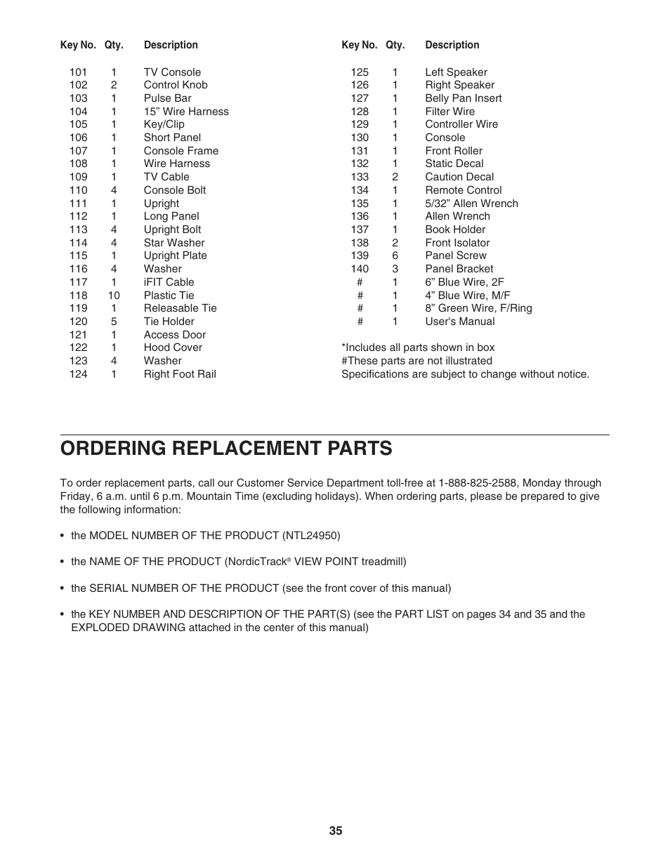 Ordering replacement parts | NordicTrack NTL24950 User Manual | Page 35 / 38