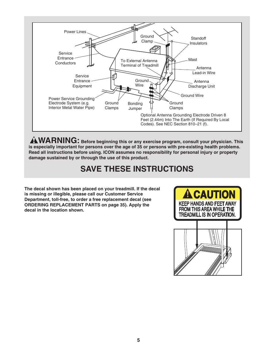 Warning, Save these instructions | NordicTrack NTL24950 User Manual | Page 5 / 38