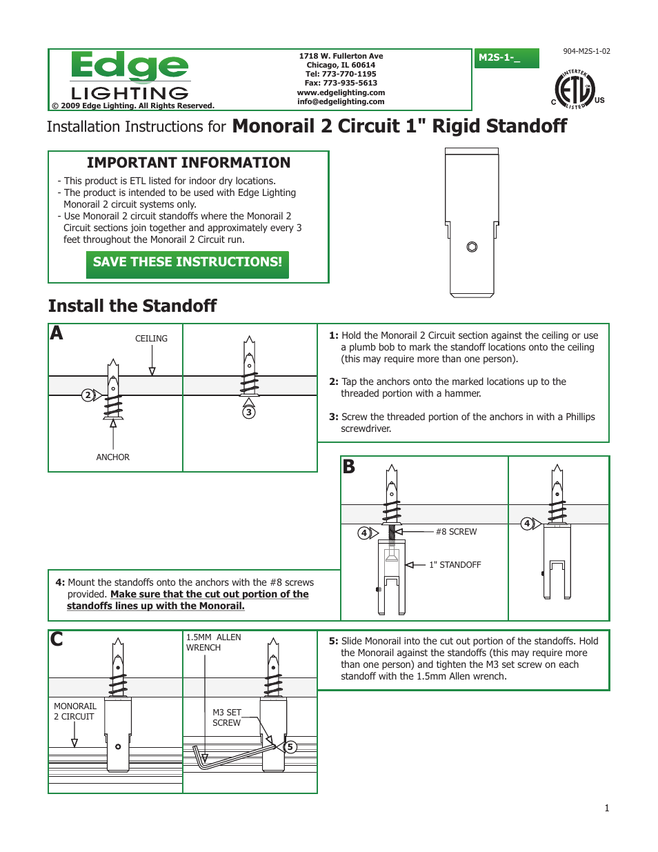 Edge Lighting 2 Circuit Standoffs User Manual | 1 page