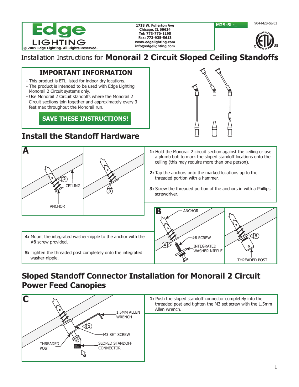 Edge Lighting 2 Circuit Standoffs - Sloped Ceiling User Manual | 4 pages