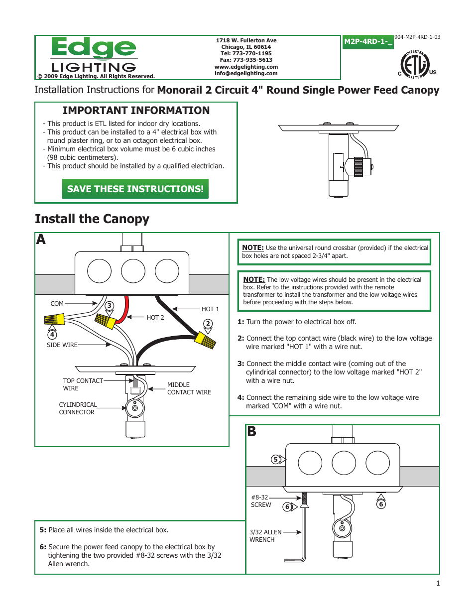 Edge Lighting 2 Circuit 4" Power Feed Canopies User Manual | 2 pages