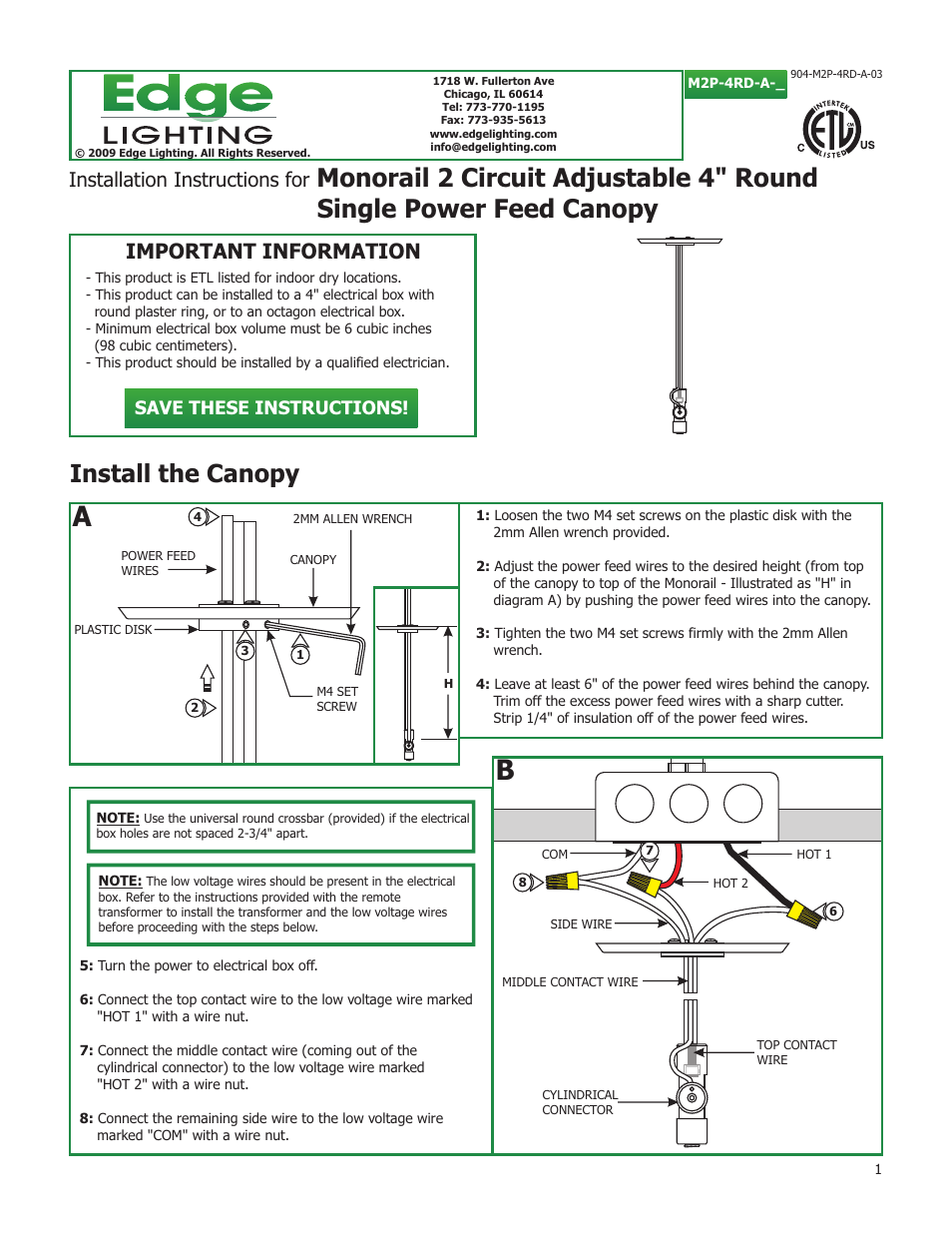 Edge Lighting 2 Circuit 4" Round Adjustable Power Feed Canopies User Manual | 2 pages