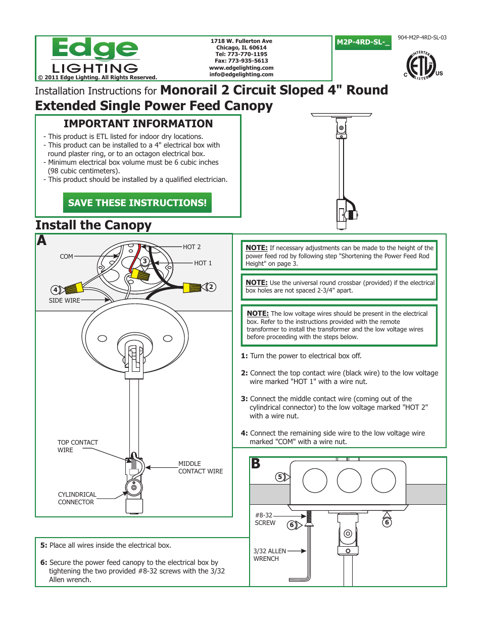 Edge Lighting 2 Circuit Sloped Ceiling Power Feed Canopies User Manual | 3 pages