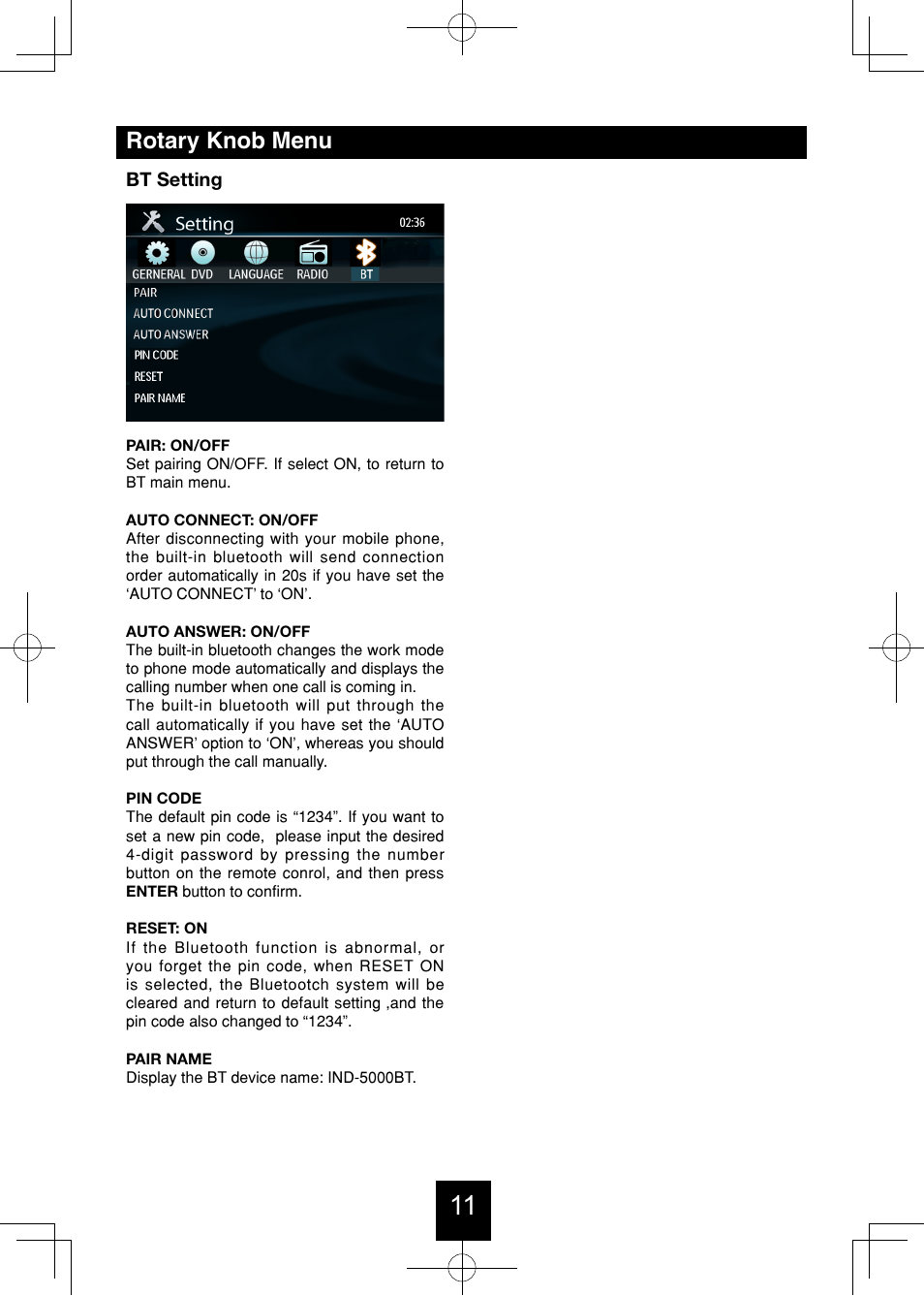 Rotary knob menu | Bravo View IND-5000BT User Manual | Page 12 / 30