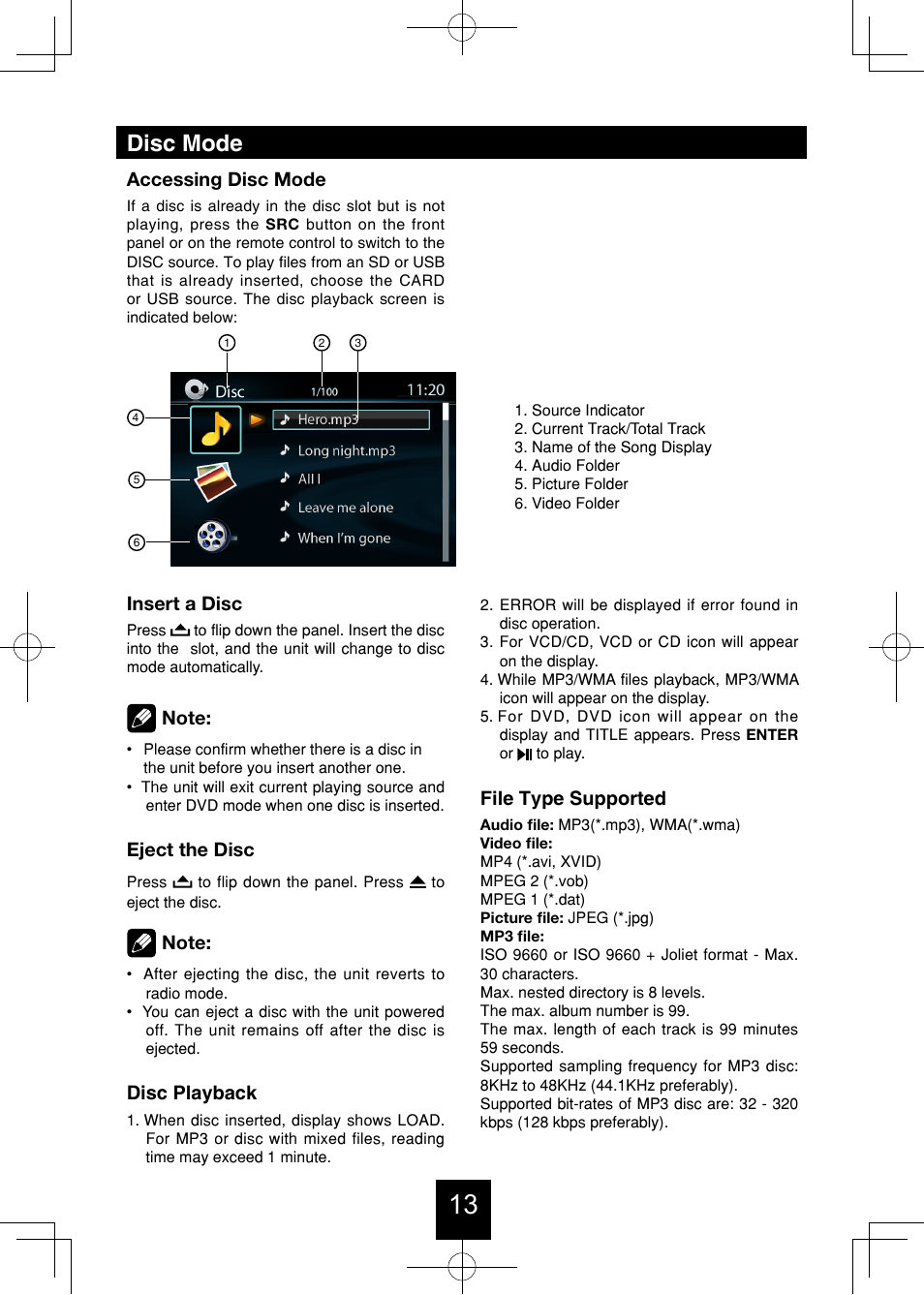 Disc mode, Accessing disc mode, Insert a disc | Eject the disc, Disc playback, File type supported | Bravo View IND-5000BT User Manual | Page 14 / 30