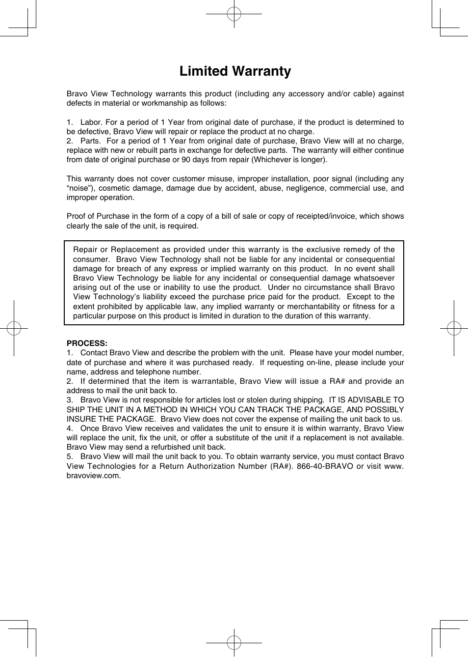 Limited warranty | Bravo View IND-5000BT User Manual | Page 29 / 30