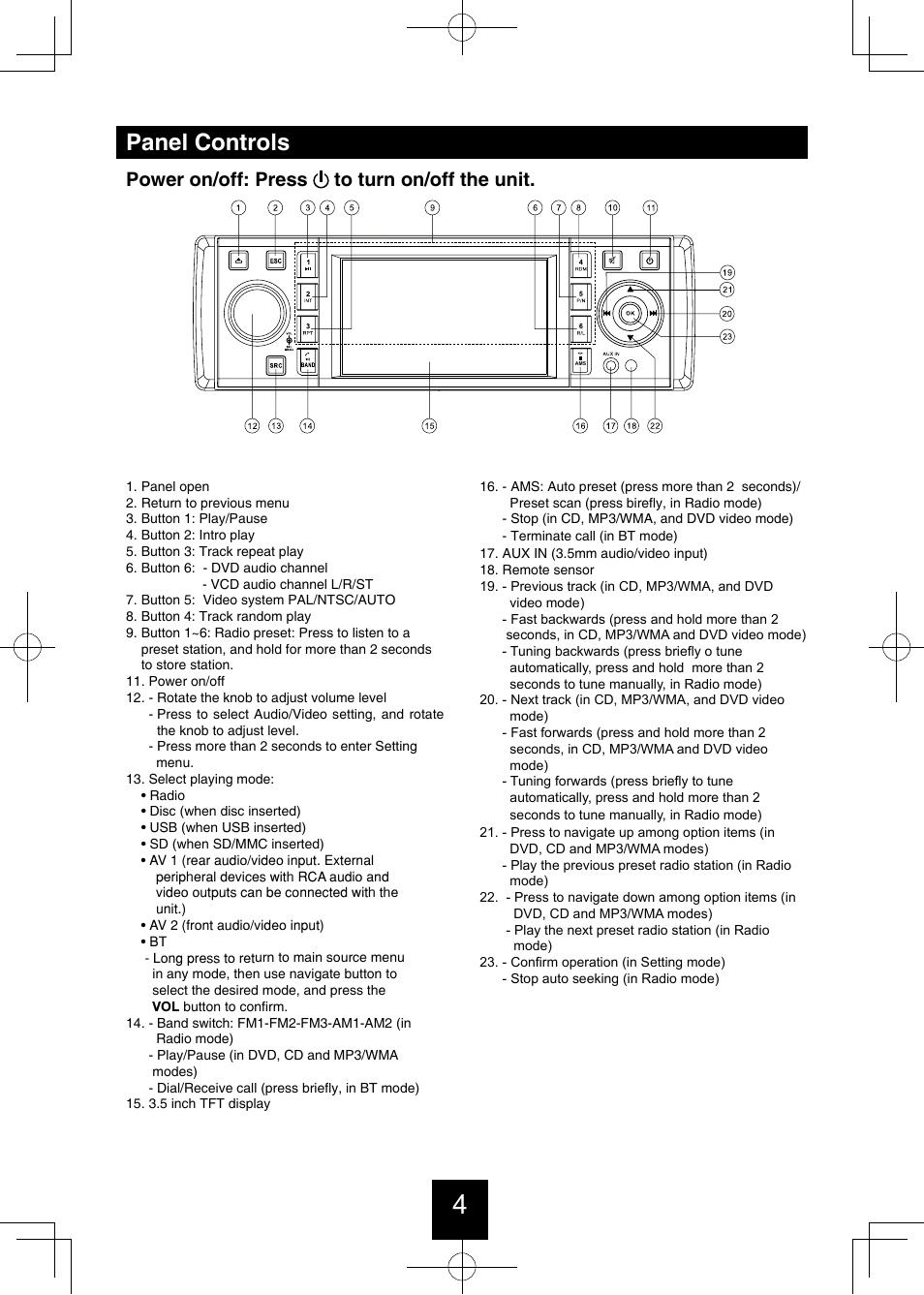 Panel controls, Power on/off: press to turn on/off the unit | Bravo View IND-5000BT User Manual | Page 5 / 30