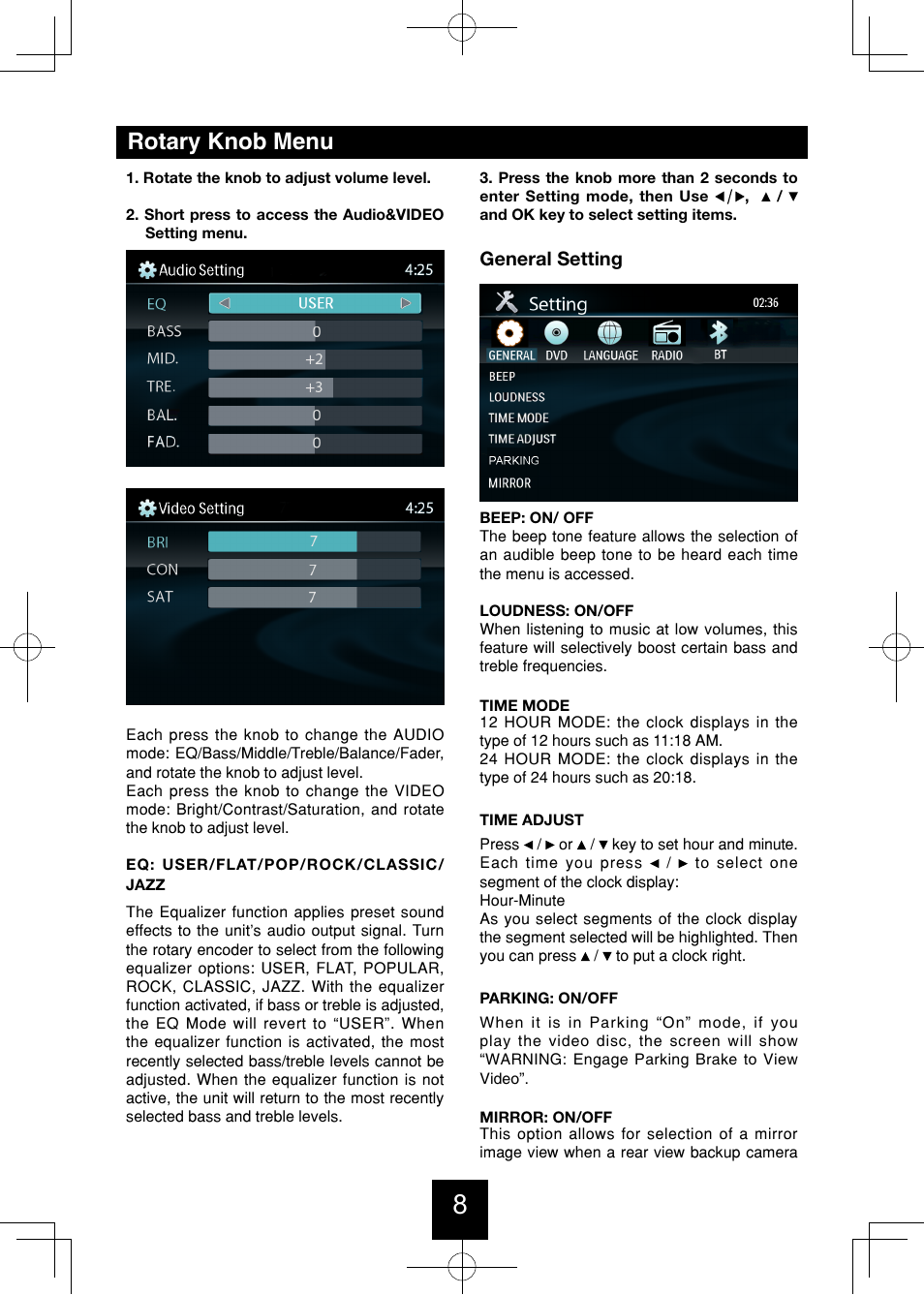 Rotary knob menu | Bravo View IND-5000BT User Manual | Page 9 / 30