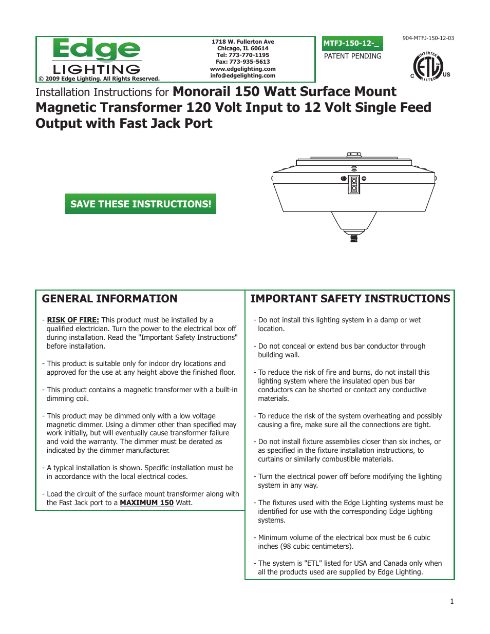 Edge Lighting Fast Jack Magnetic Surface Mount Transformers User Manual | 4 pages