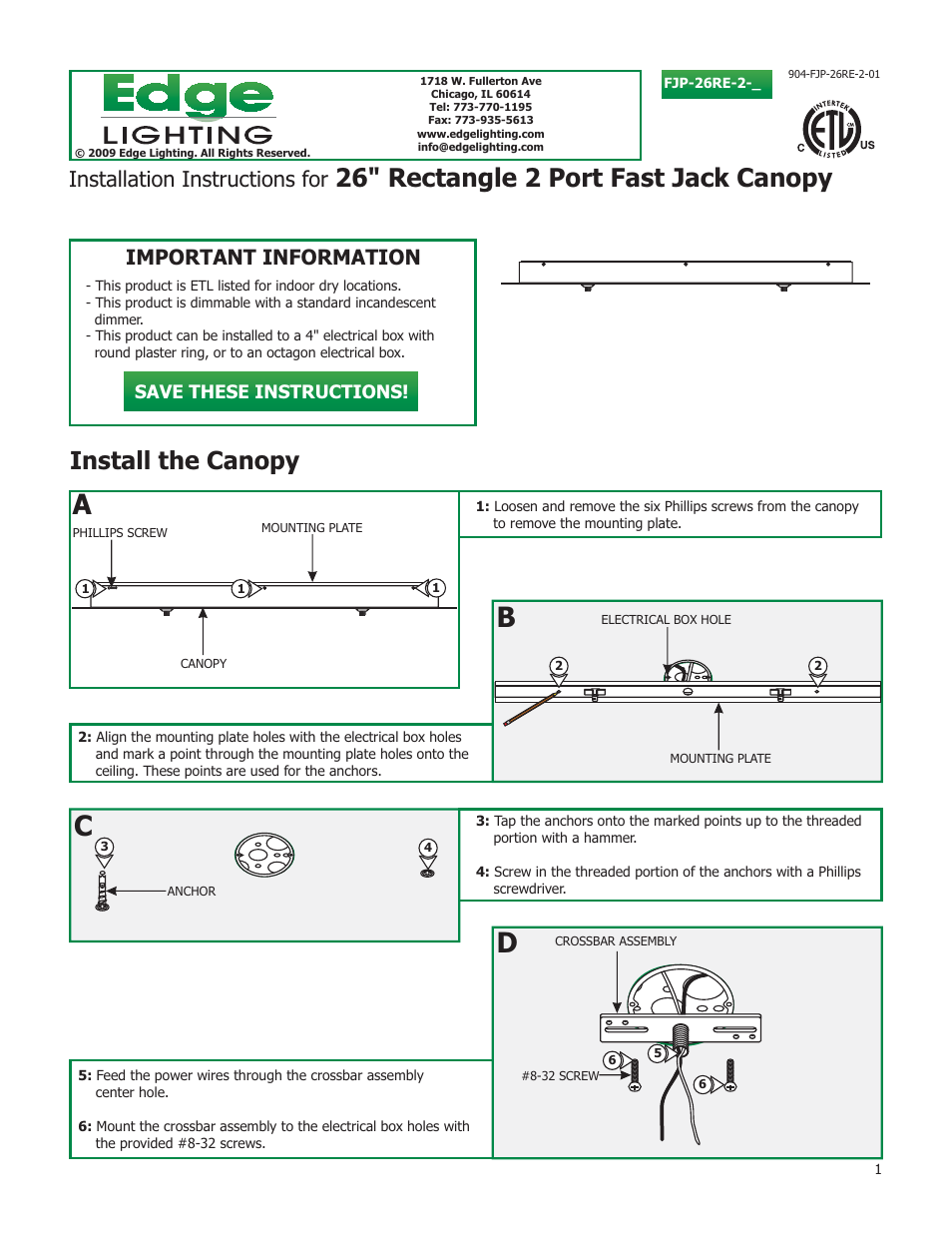 Edge Lighting Fast Jack Multi-Port Canopies User Manual | 2 pages