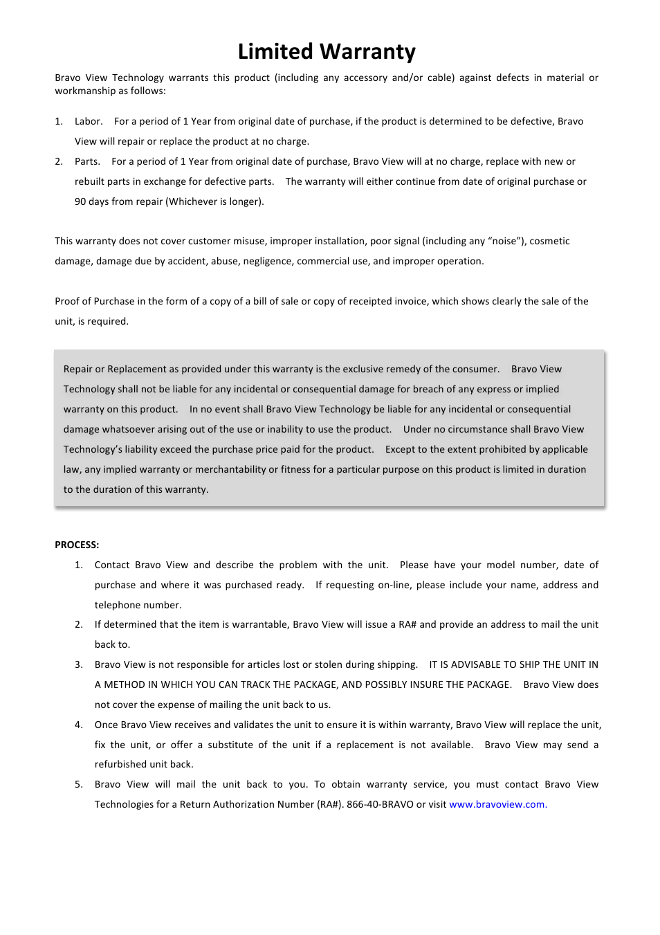 Limited warranty | Bravo View OVR-090BL User Manual | Page 9 / 9