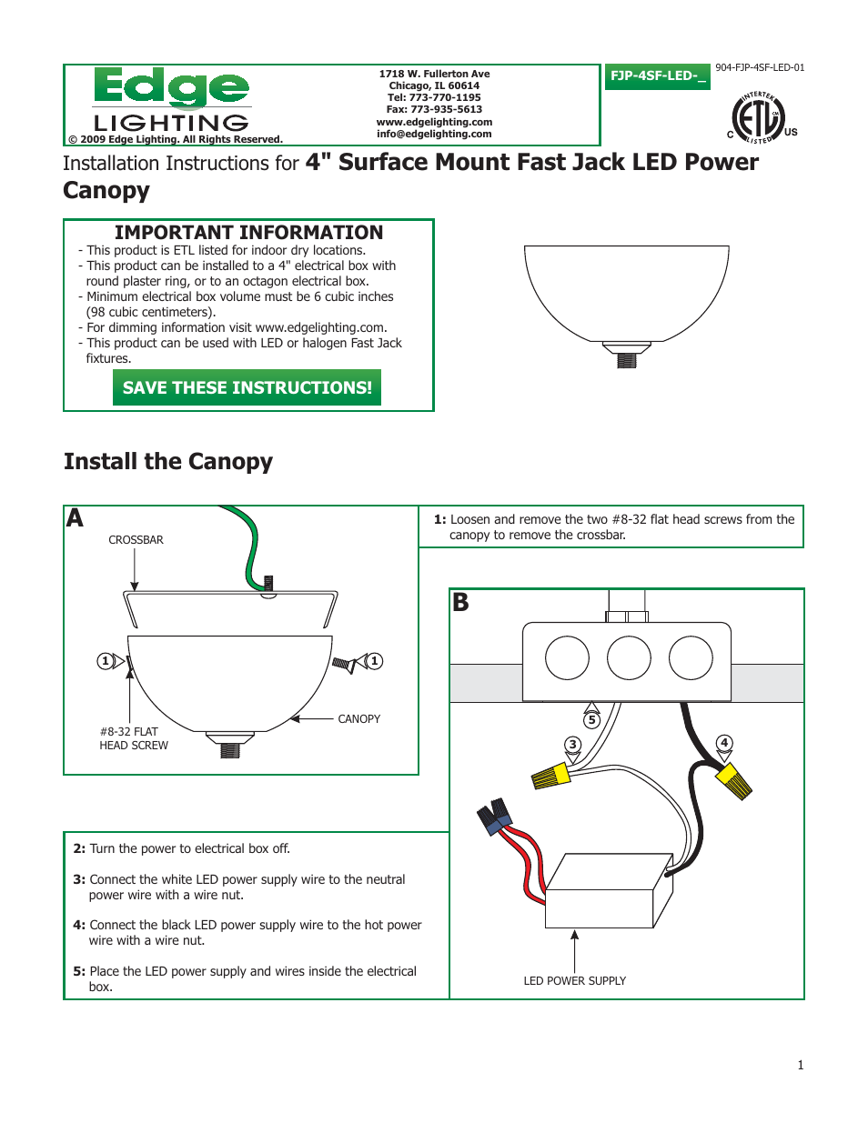 Edge Lighting Surface Mount Fast Jack Canopies User Manual | 2 pages
