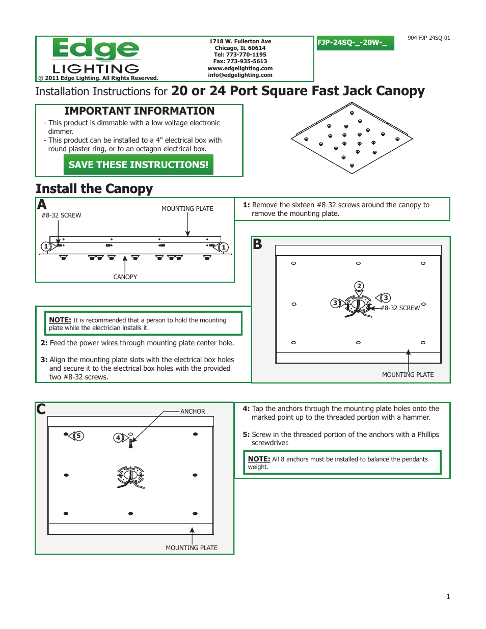 Edge Lighting Fast Jack 26 Port Canopies User Manual | 2 pages