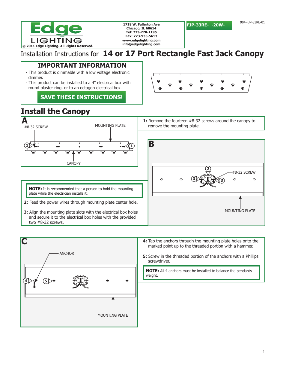 Edge Lighting 17 Port Linear Canopies User Manual | 2 pages