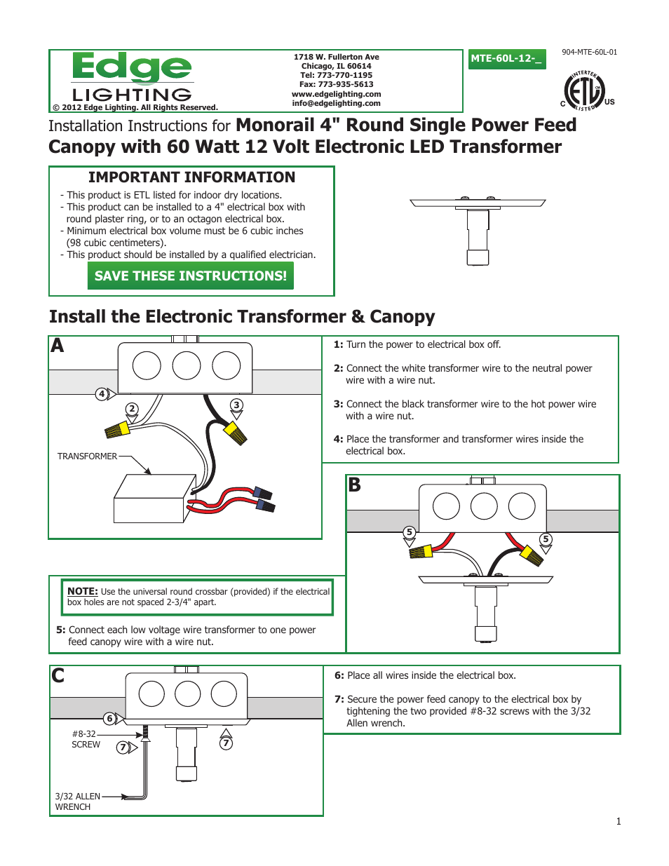 Edge Lighting LED Canopy Mount Transformer User Manual | 2 pages