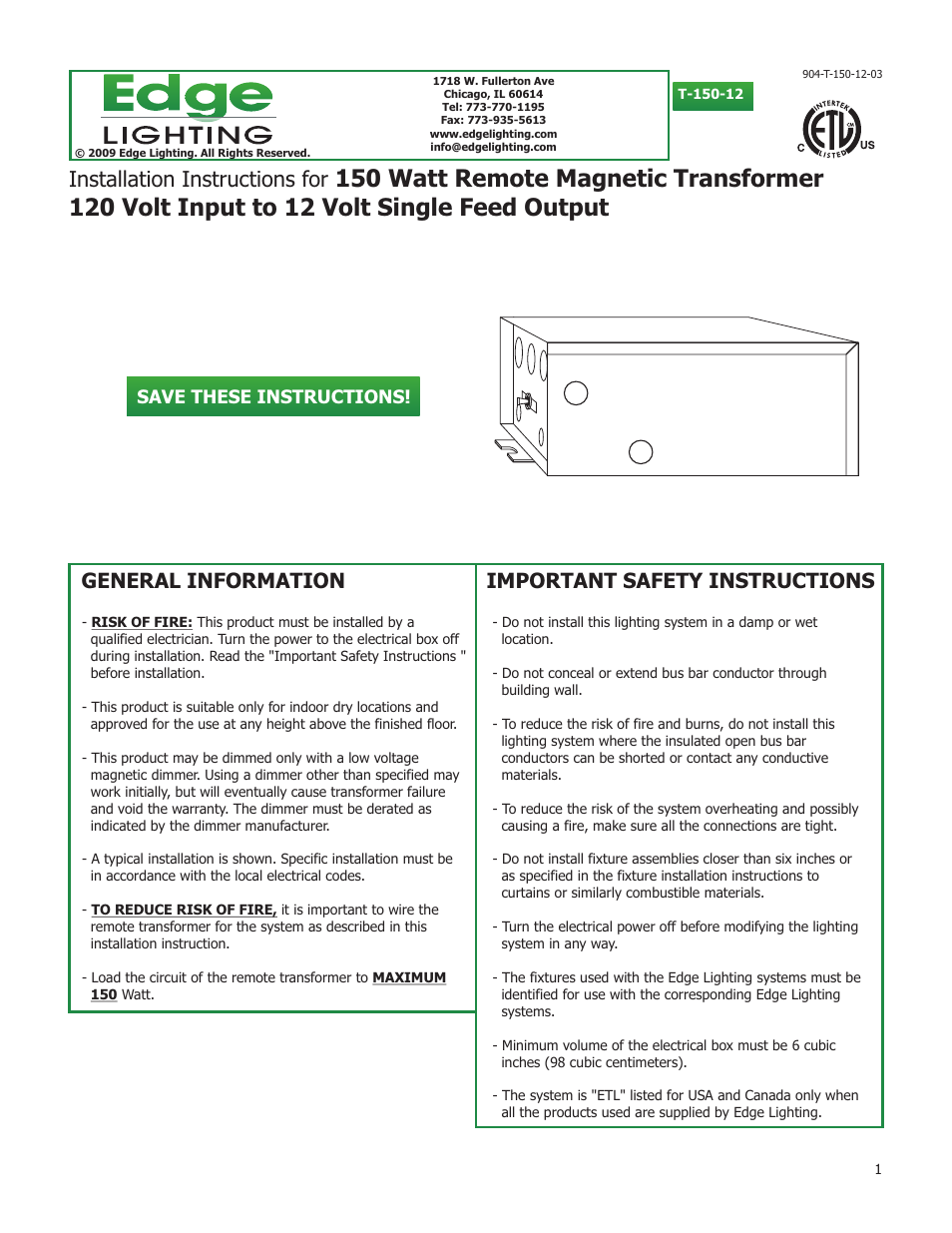 Edge Lighting 150W/12V Magnetic Remote Transformer User Manual | 4 pages