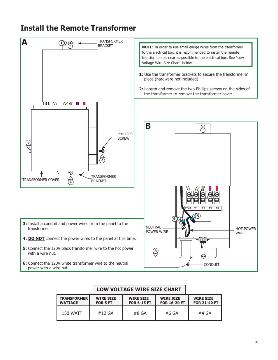 Install the remote transformer, Low voltage wire size chart | Edge Lighting 150W/12V Magnetic Remote Transformer User Manual | Page 2 / 4