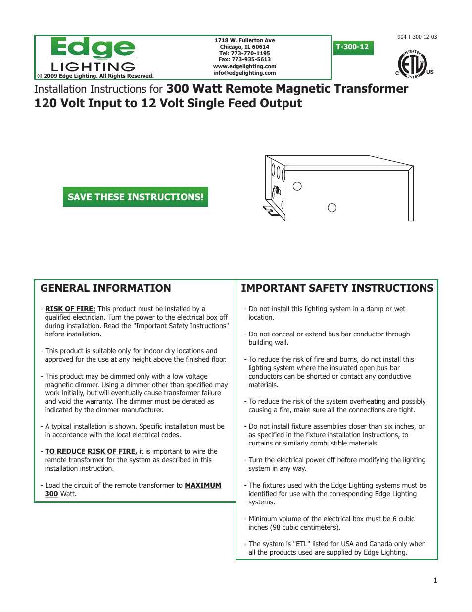 Edge Lighting 300W/12V Magnetic Remote Transformer User Manual | 4 pages