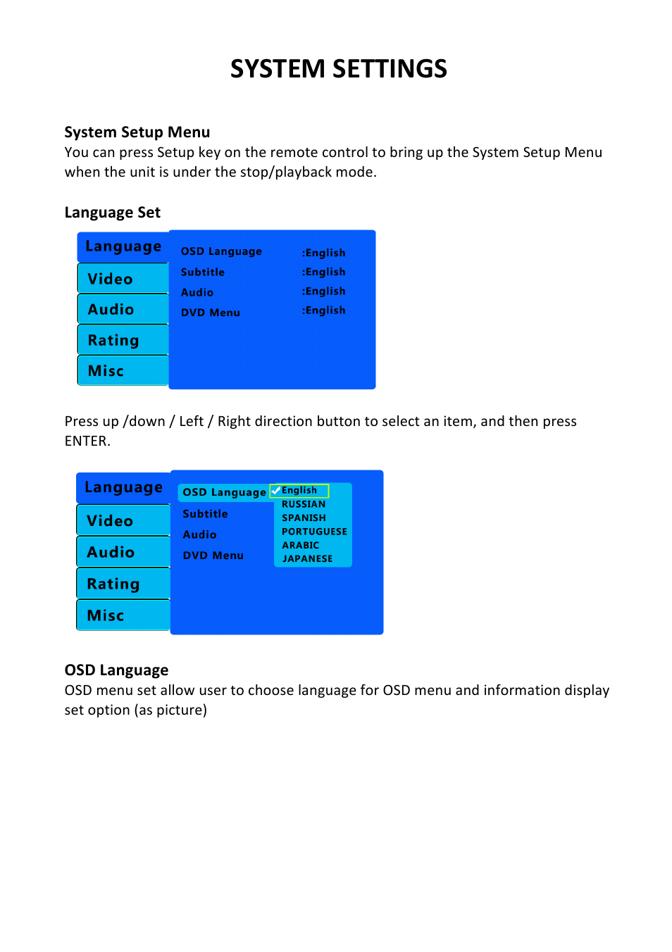 System settings | Bravo View SD-100U User Manual | Page 13 / 20