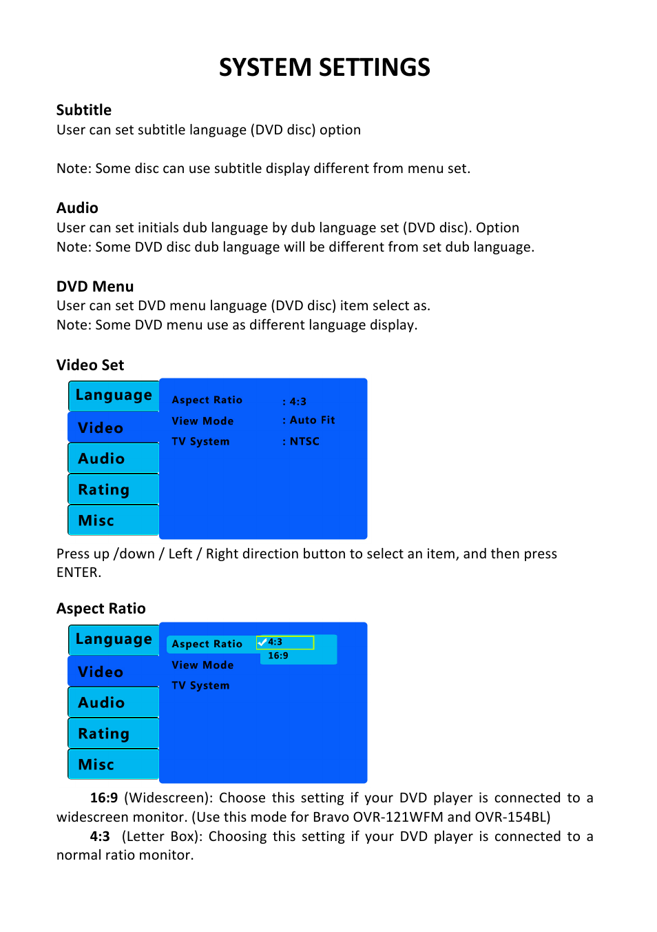 System settings | Bravo View SD-100U User Manual | Page 14 / 20