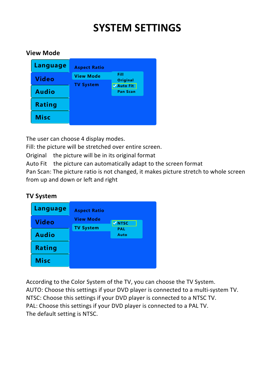 System settings | Bravo View SD-100U User Manual | Page 15 / 20