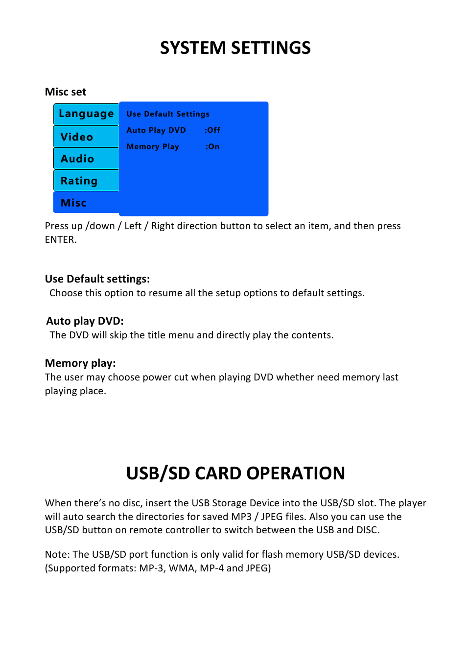 System settings, Usb/sd card operation | Bravo View SD-100U User Manual | Page 17 / 20