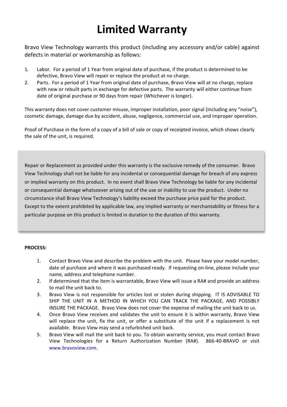 Limited warranty | Bravo View SD-100U User Manual | Page 20 / 20