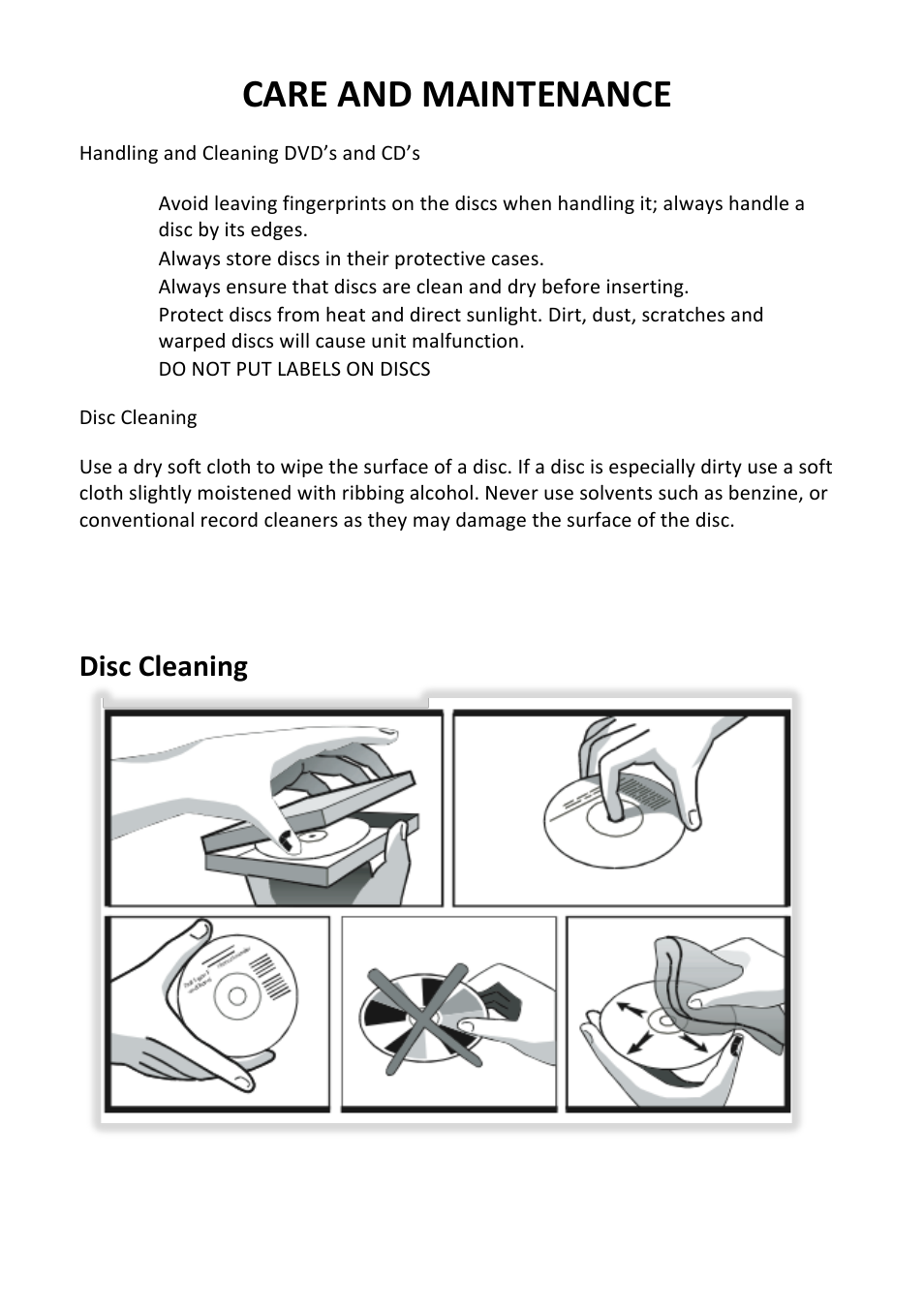 Care and maintenance, Disc cleaning | Bravo View SD-100U User Manual | Page 6 / 20