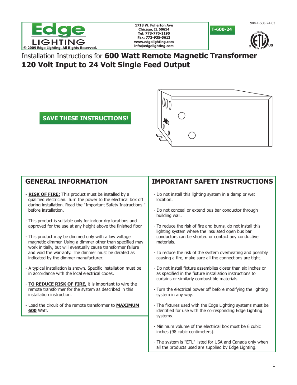 Edge Lighting 600W/24V Magnetic Remote Transformer User Manual | 4 pages