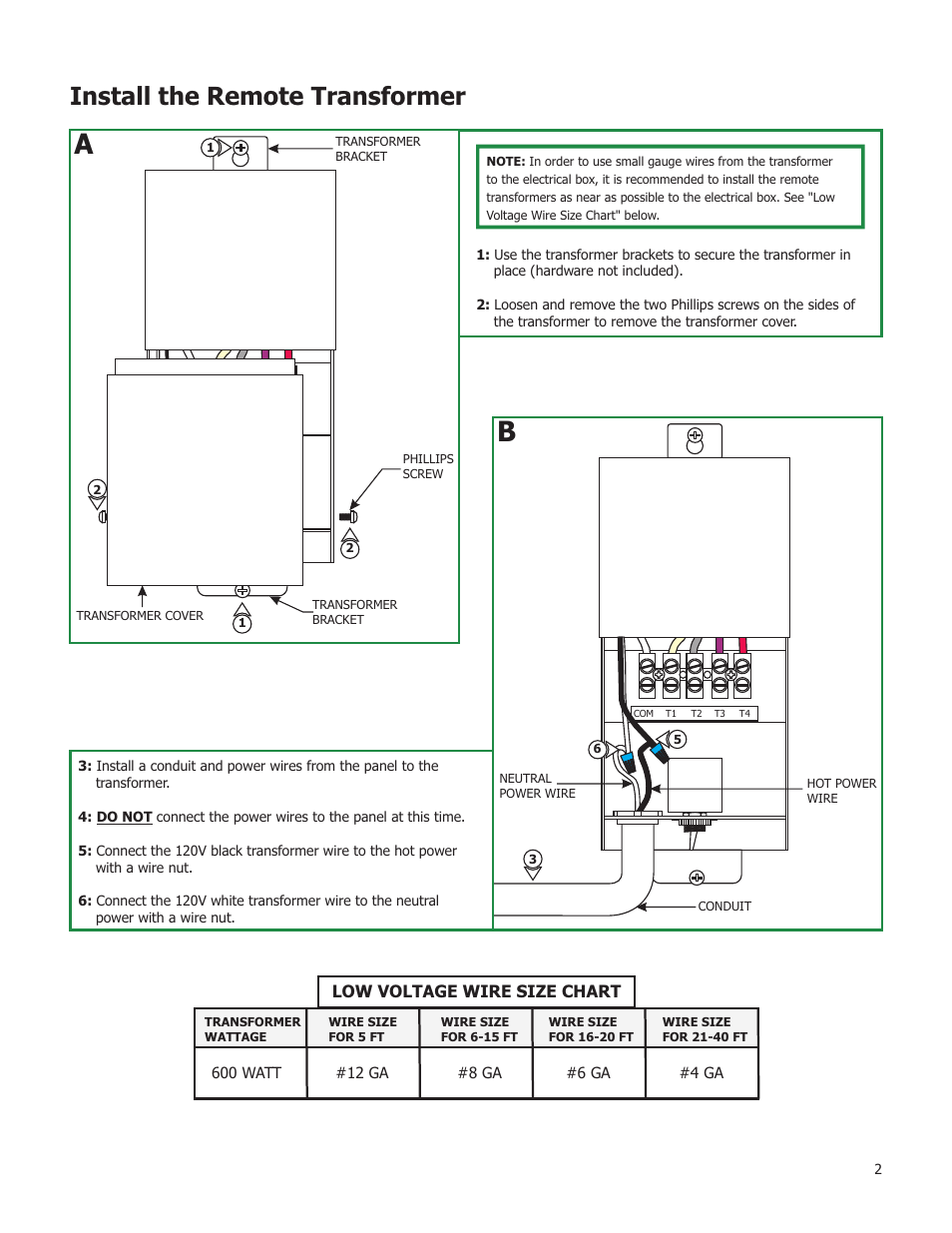 Install the remote transformer, Low voltage wire size chart | Edge Lighting 600W/24V Magnetic Remote Transformer User Manual | Page 2 / 4