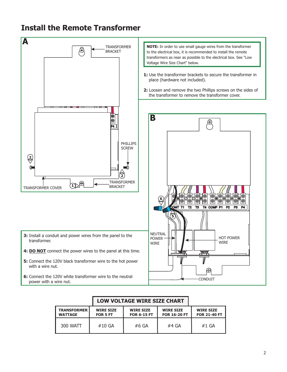 Install the remote transformer, Low voltage wire size chart | Edge Lighting 600W/12V Dual Feed Magnetic Remote Transformer User Manual | Page 2 / 4