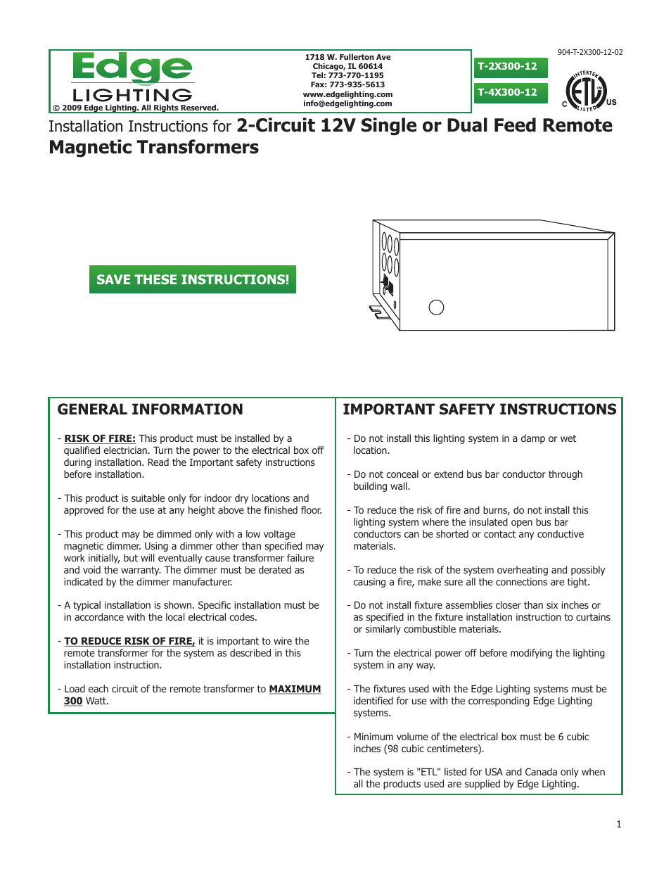 Edge Lighting 2x300W/12V Magnetic Remote Transformer User Manual | 8 pages