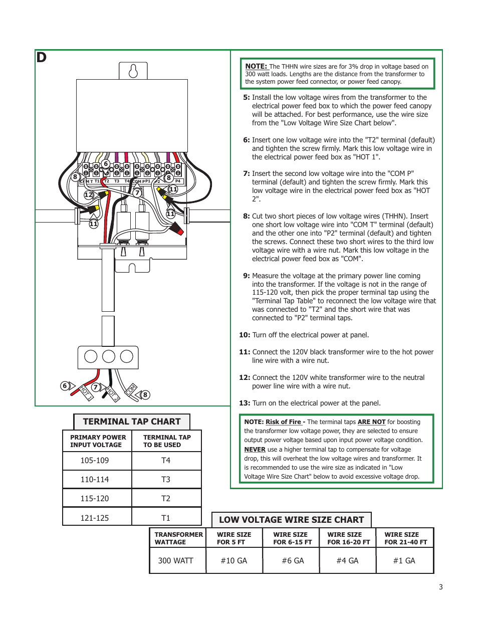 Terminal tap chart, Low voltage wire size chart | Edge Lighting 2x300W/12V Magnetic Remote Transformer User Manual | Page 3 / 8
