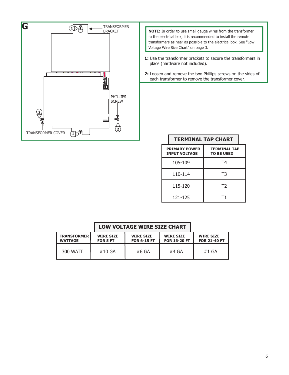 Terminal tap chart, Low voltage wire size chart | Edge Lighting 2x300W/12V Magnetic Remote Transformer User Manual | Page 6 / 8