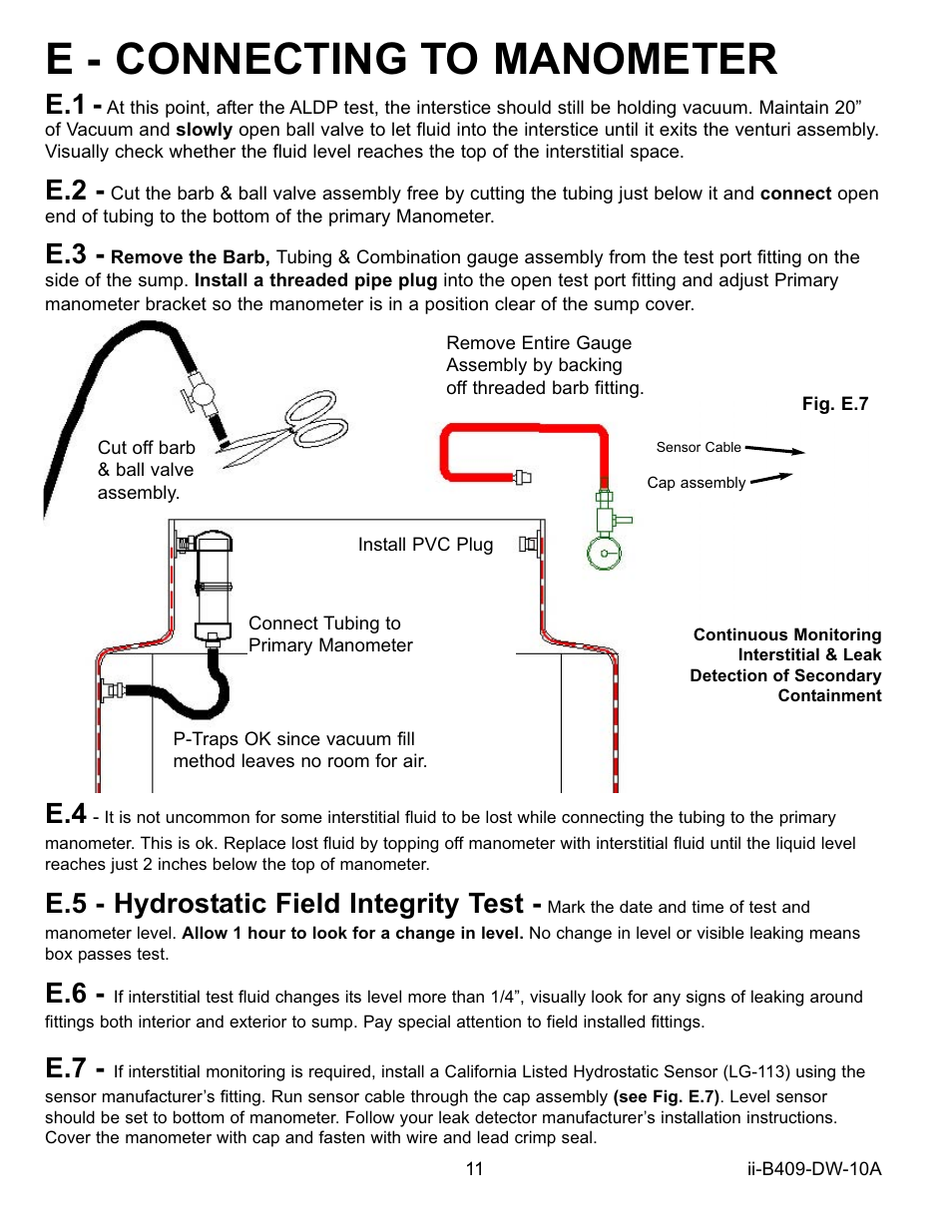 E - connecting to manometer, E.5 - hydrostatic field integrity test | Bravo View B409 User Manual | Page 11 / 12