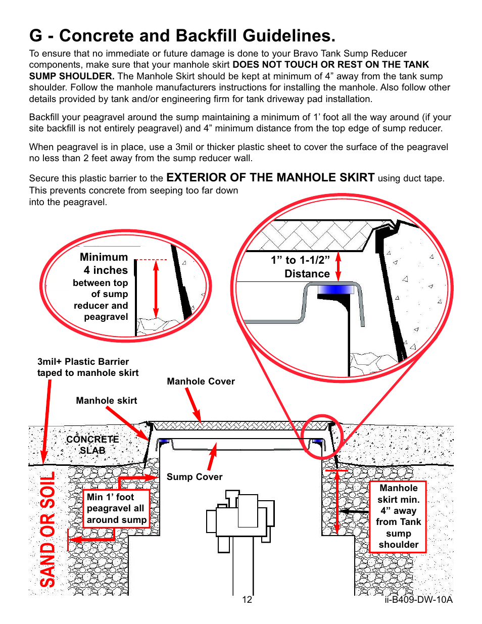 Sand or soil, G - concrete and backfill guidelines | Bravo View B409 User Manual | Page 12 / 12