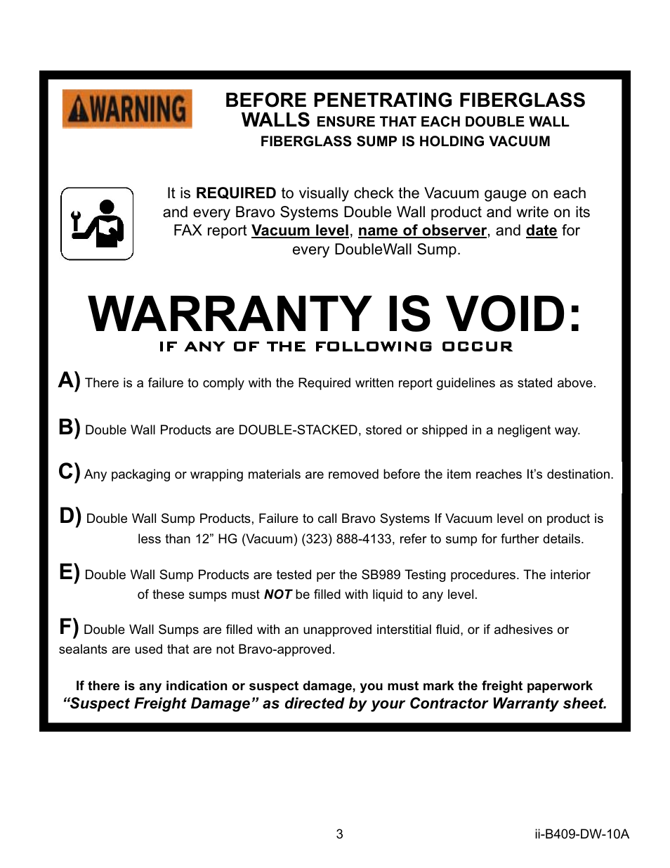 Warranty is void, Before penetrating fiberglass walls | Bravo View B409 User Manual | Page 3 / 12