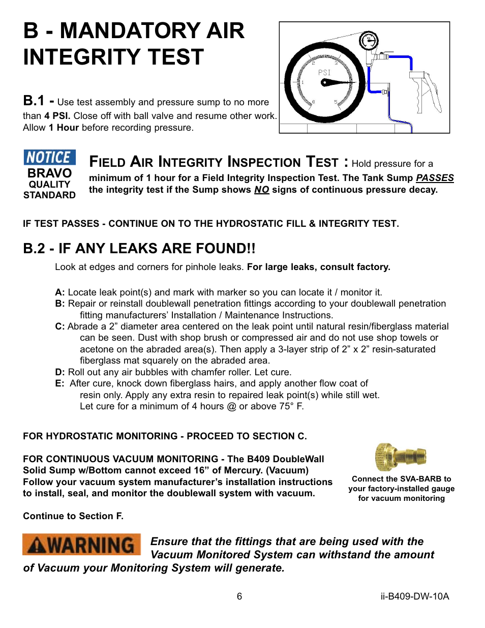 B - mandatory air integrity test, B.2 - if any leaks are found | Bravo View B409 User Manual | Page 6 / 12