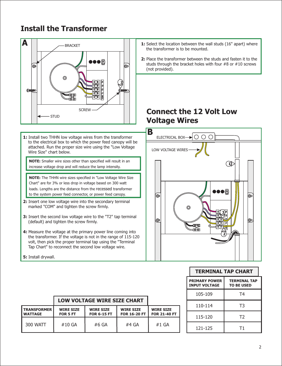 Install the transformer, Connect the 12 volt low voltage wires, Low voltage wire size chart | Terminal tap chart | Edge Lighting 300W/12V Remote Recessed Transformer User Manual | Page 2 / 4