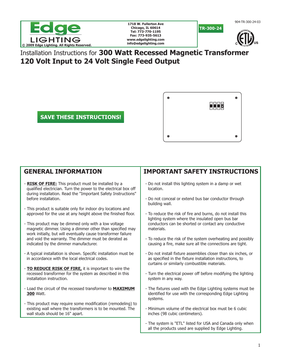 Edge Lighting 300W/24V Remote Recessed Transformer User Manual | 4 pages