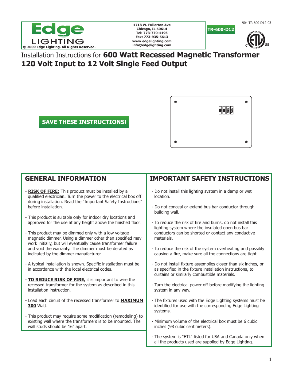 Edge Lighting 600W/12V Remote Recessed Transformer User Manual | 4 pages