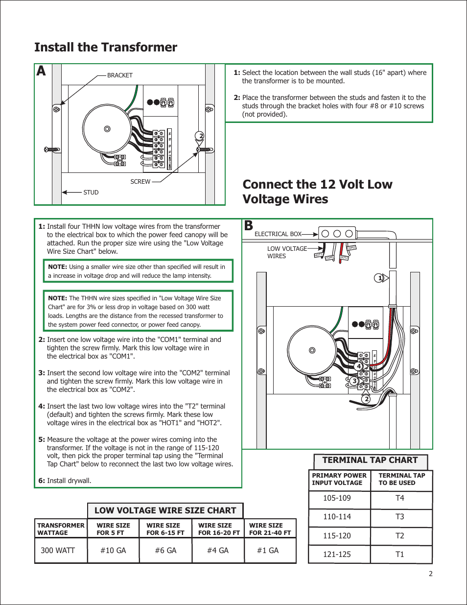 Install the transformer, Connect the 12 volt low voltage wires, Low voltage wire size chart | Terminal tap chart | Edge Lighting 600W/12V Remote Recessed Transformer User Manual | Page 2 / 4