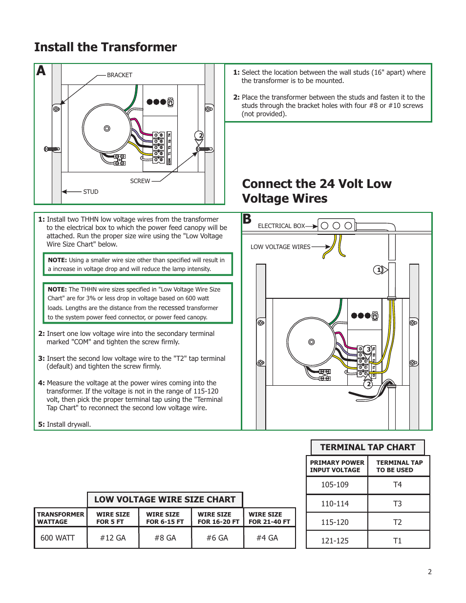Install the transformer, Connect the 24 volt low voltage wires, Low voltage wire size chart | Terminal tap chart | Edge Lighting 600W/24V Remote Recessed Transformer User Manual | Page 2 / 4