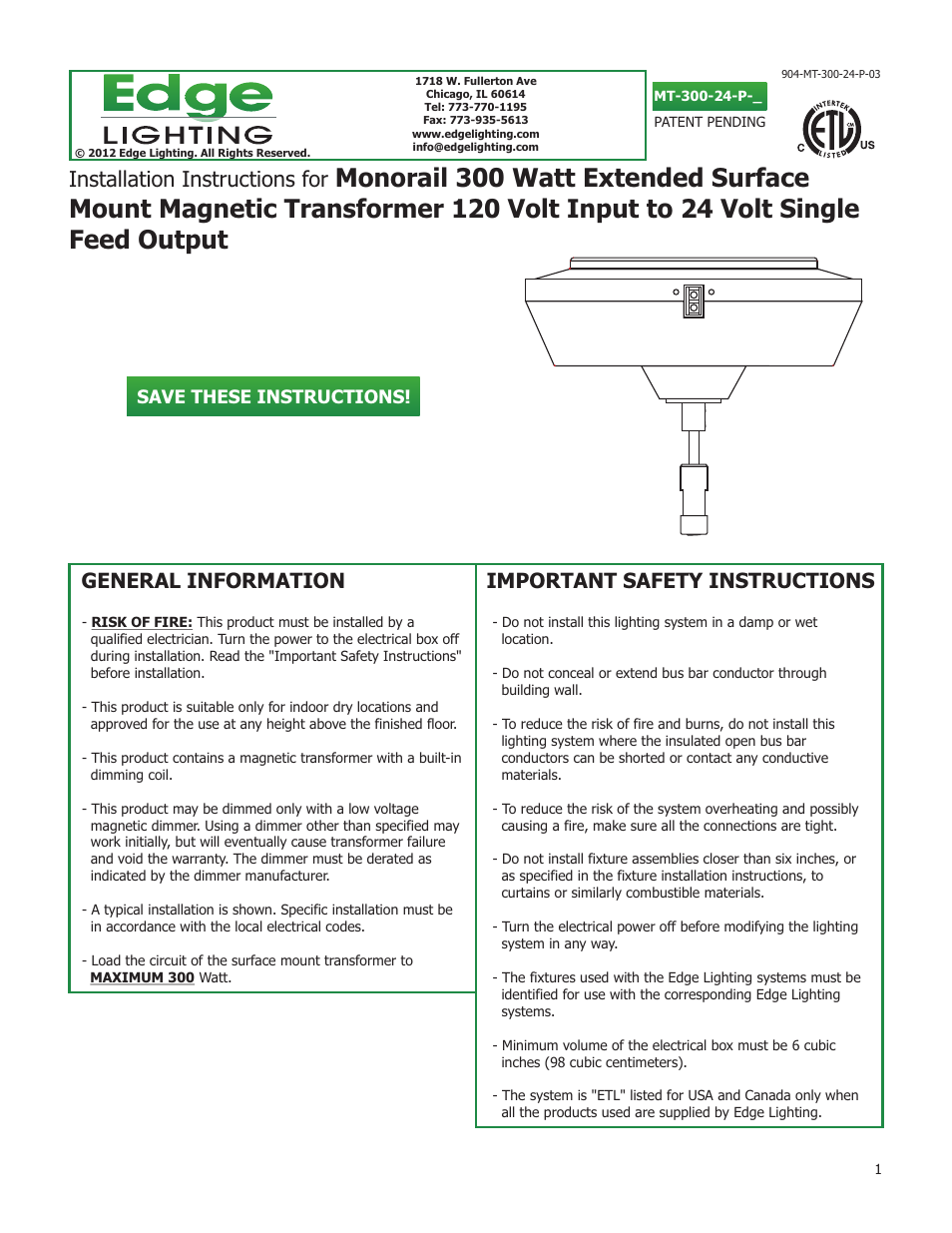 Edge Lighting 300W/24V Surface Mount Magnetic Transformer User Manual | 5 pages