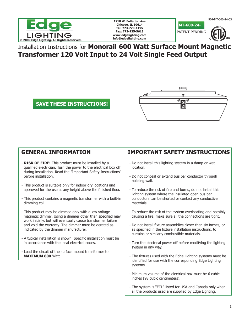 Edge Lighting 600W/24V Surface Mount Magnetic Transformer User Manual | 4 pages