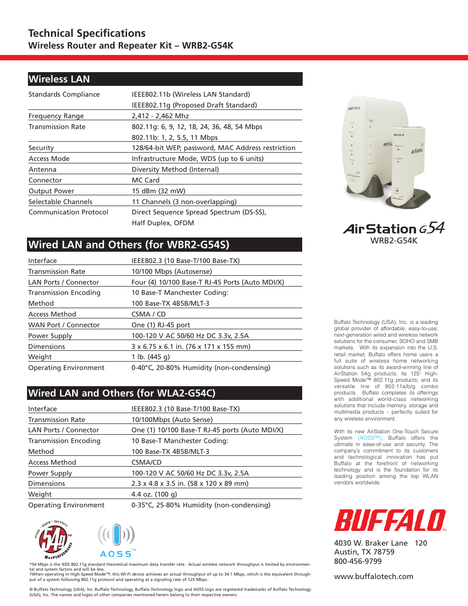 Wired lan and others (for wbr2-g54s), Technical specifications, Wired lan and others (for wla2-g54c) | Wireless lan, Wireless router and repeater kit – wrb2-g54k | Buffalo Technology WRB2-G54K User Manual | Page 2 / 2