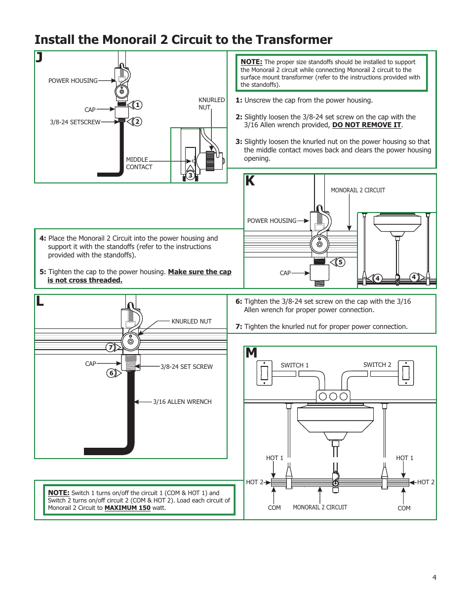 Install the monorail 2 circuit to the transformer | Edge Lighting 2x150W/12V Dual Feed Surface Mount Magnetic Transformer User Manual | Page 4 / 5