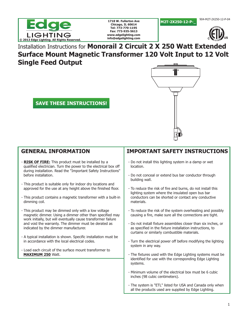 Edge Lighting 2x250W/12V Surface Mount Magnetic Transformer User Manual | 5 pages